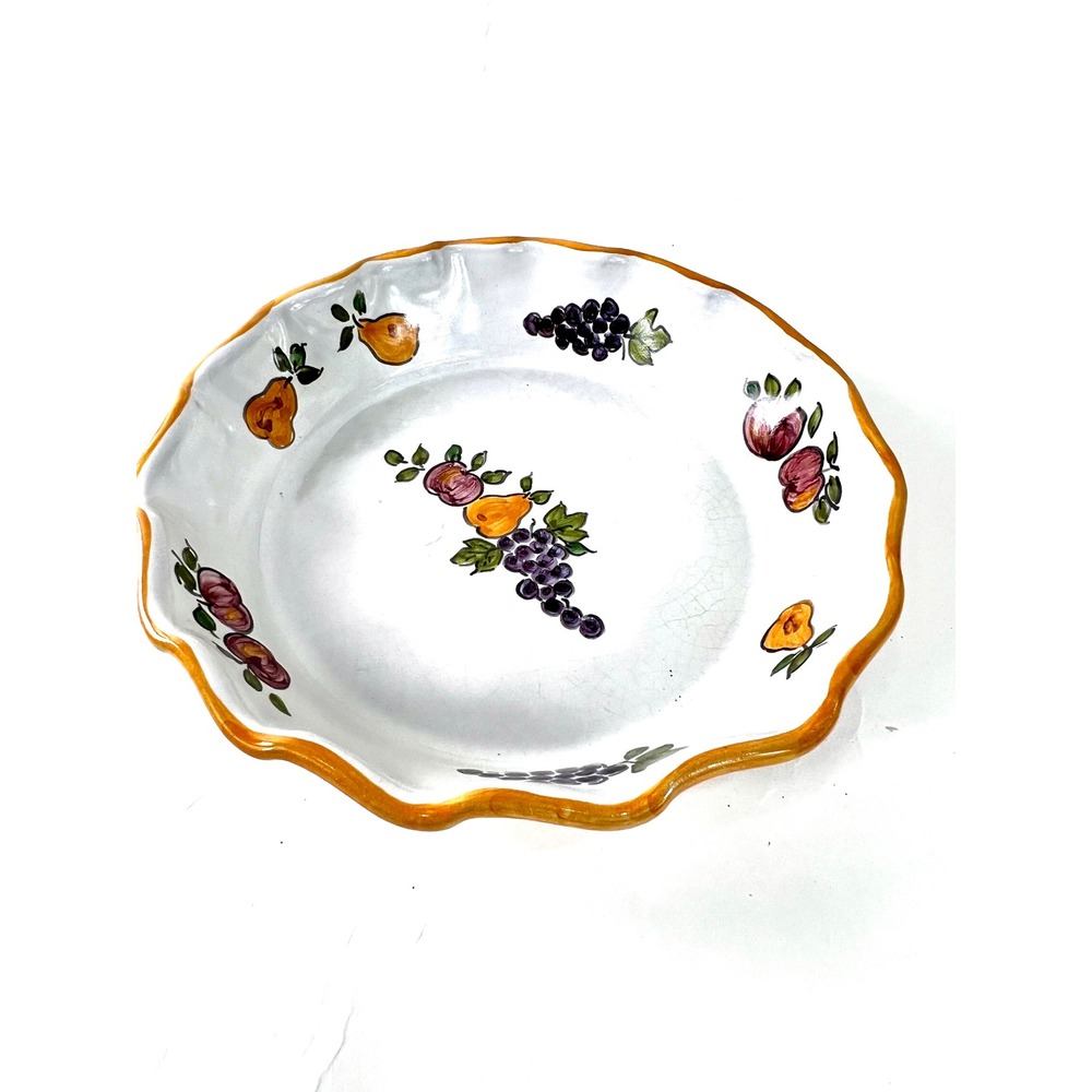 Vintage Hand Painted Italian Ceramic Fruit Bowl Scalloped Edge Signed Italy